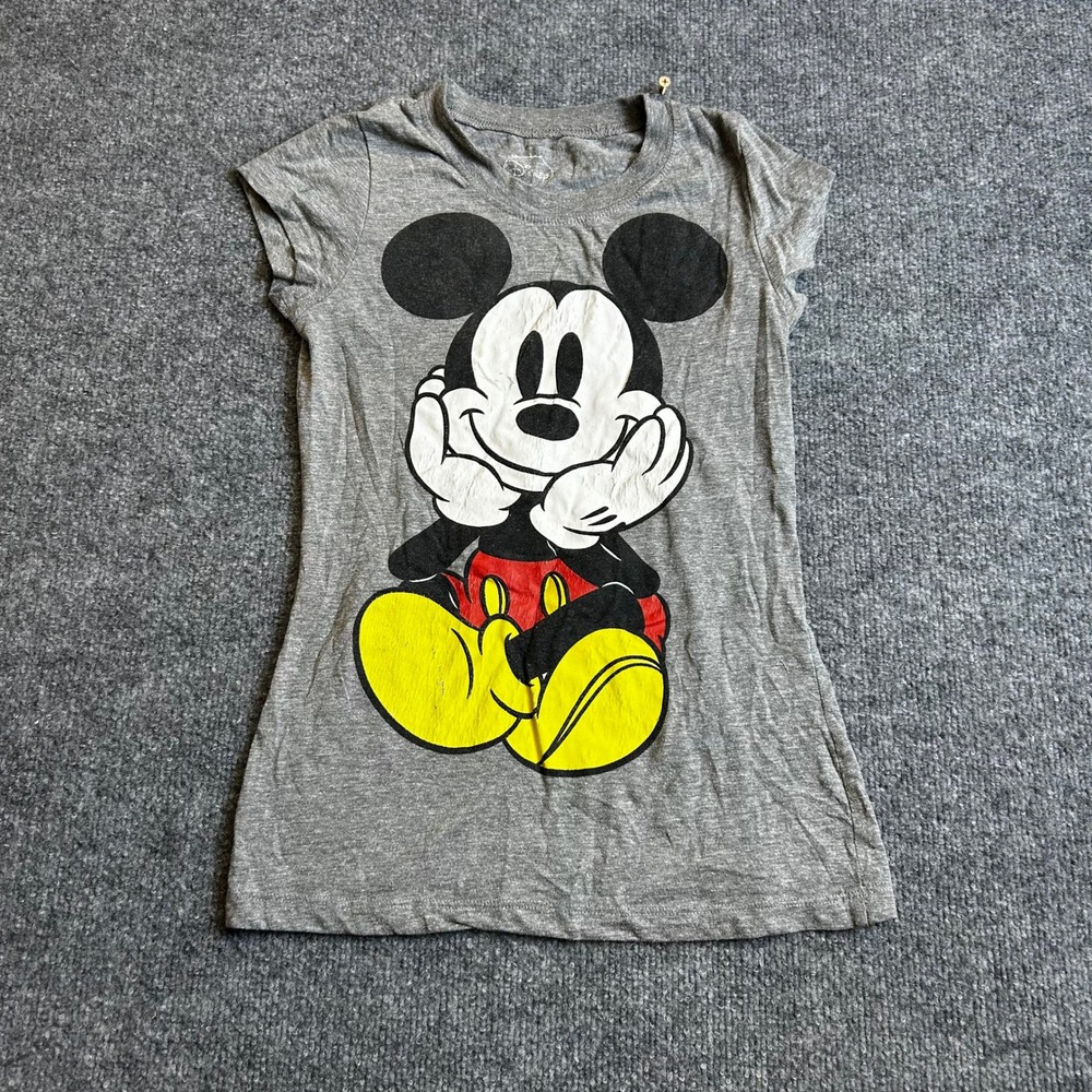 Disney T-Shirt Womens Size Medium Gray Mickey Mouse Graphic Front Back Slim Fit
